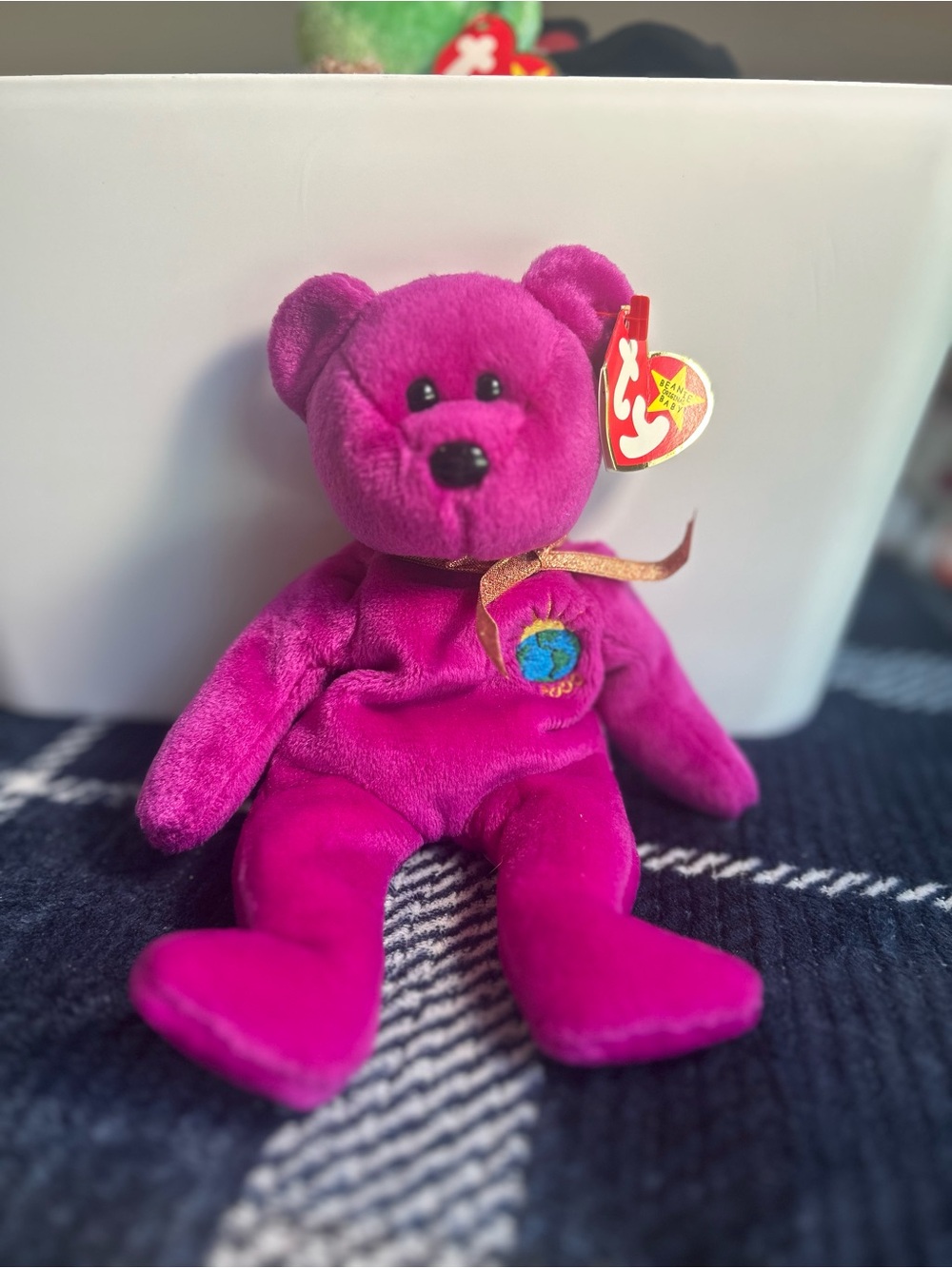 Ty Pink Plush Bear with Gold Ribbon and Embroidered Globe